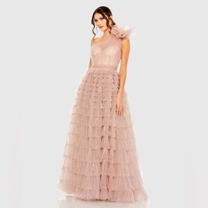 Mac Duggal 20447 NWT Pink One Shoulder Faux Bow Feather Tiered A Line Gown